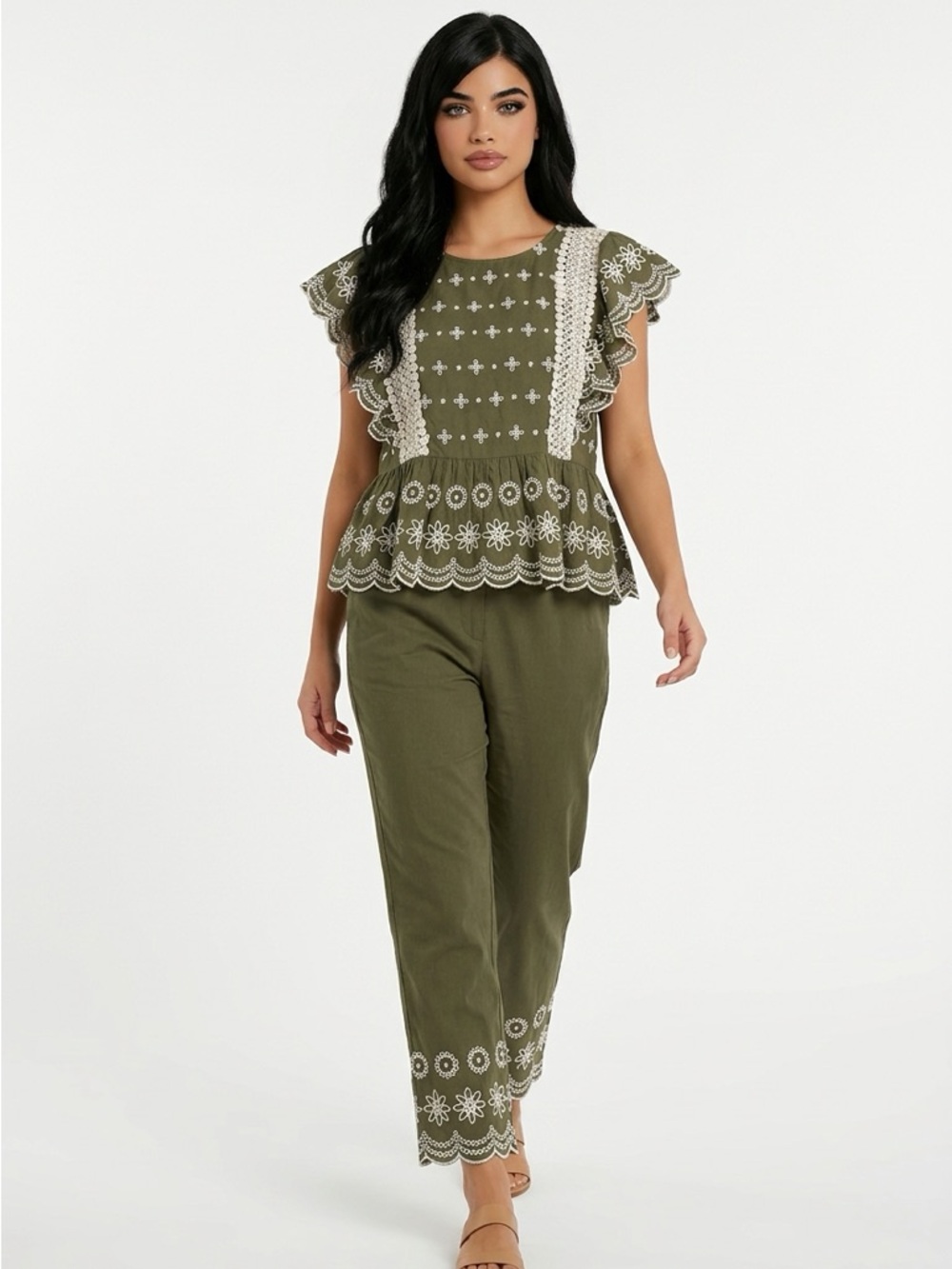 Jennifer & Grace Eyelet Embroidered Peplum Ruffle Scallop Cottage Women's L Top